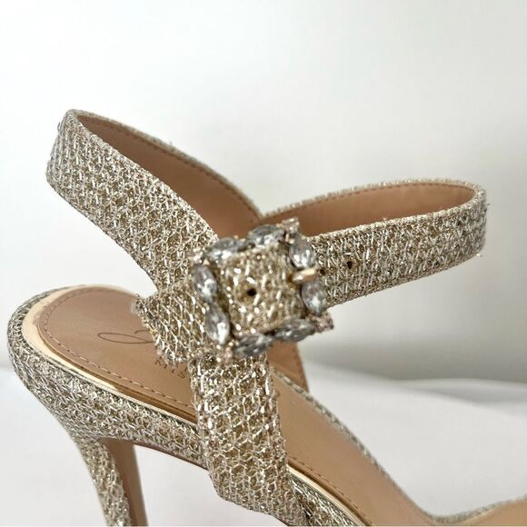 Jewel Badgely Mischka Arlina Glitter Open Toe Ankle Strap Sandal Heels Gold 8 - Picture 4 of 10